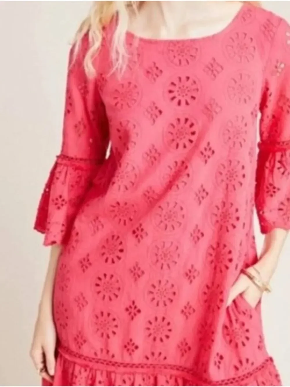NWT SZ 4 Anthropologie Hot Pink Eyelet Ruffle Shift Dress